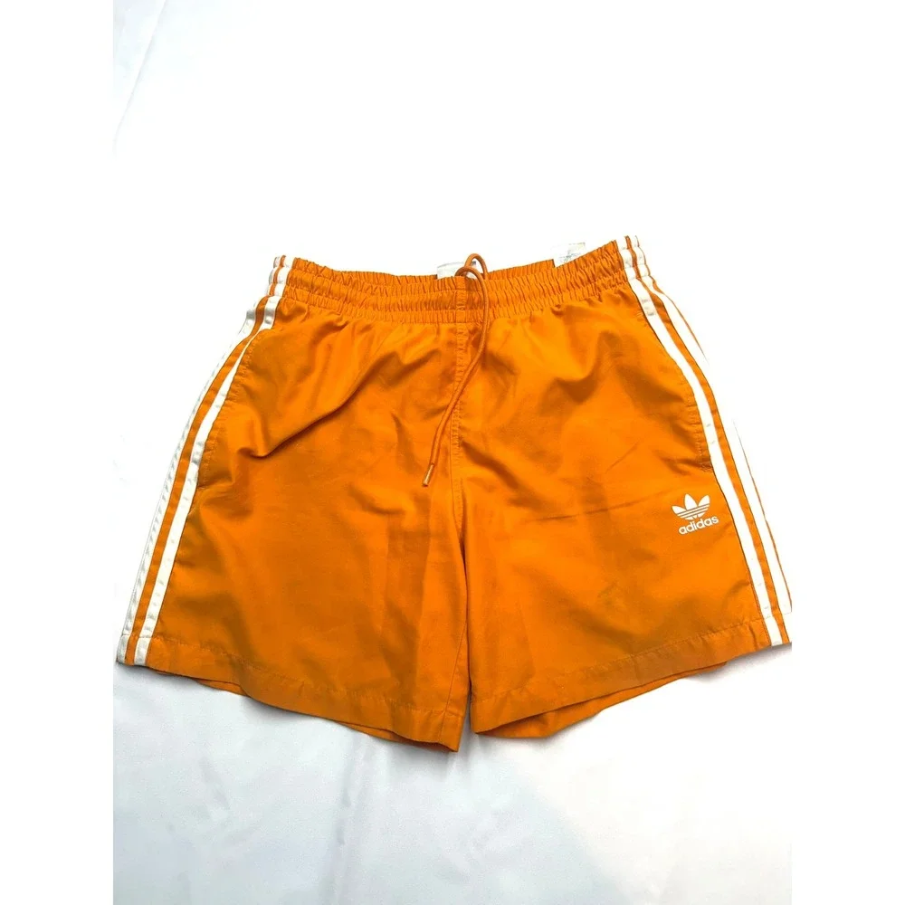 ADIDAS Mens Medium Orange White Three Stripe Mesh Lined Pull On Swim Trunks E14